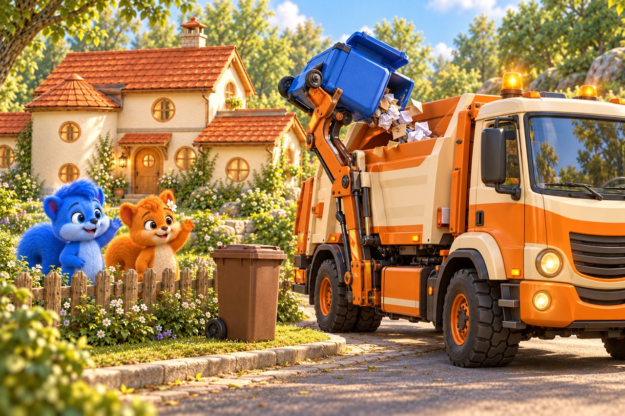 Paper collection outside the Wusels’ home: a lifting arm empties a paper bin. Puschel and Flauschi watch from behind their garden fence at a safe distance. The blue bin is an example; local collection rules apply.