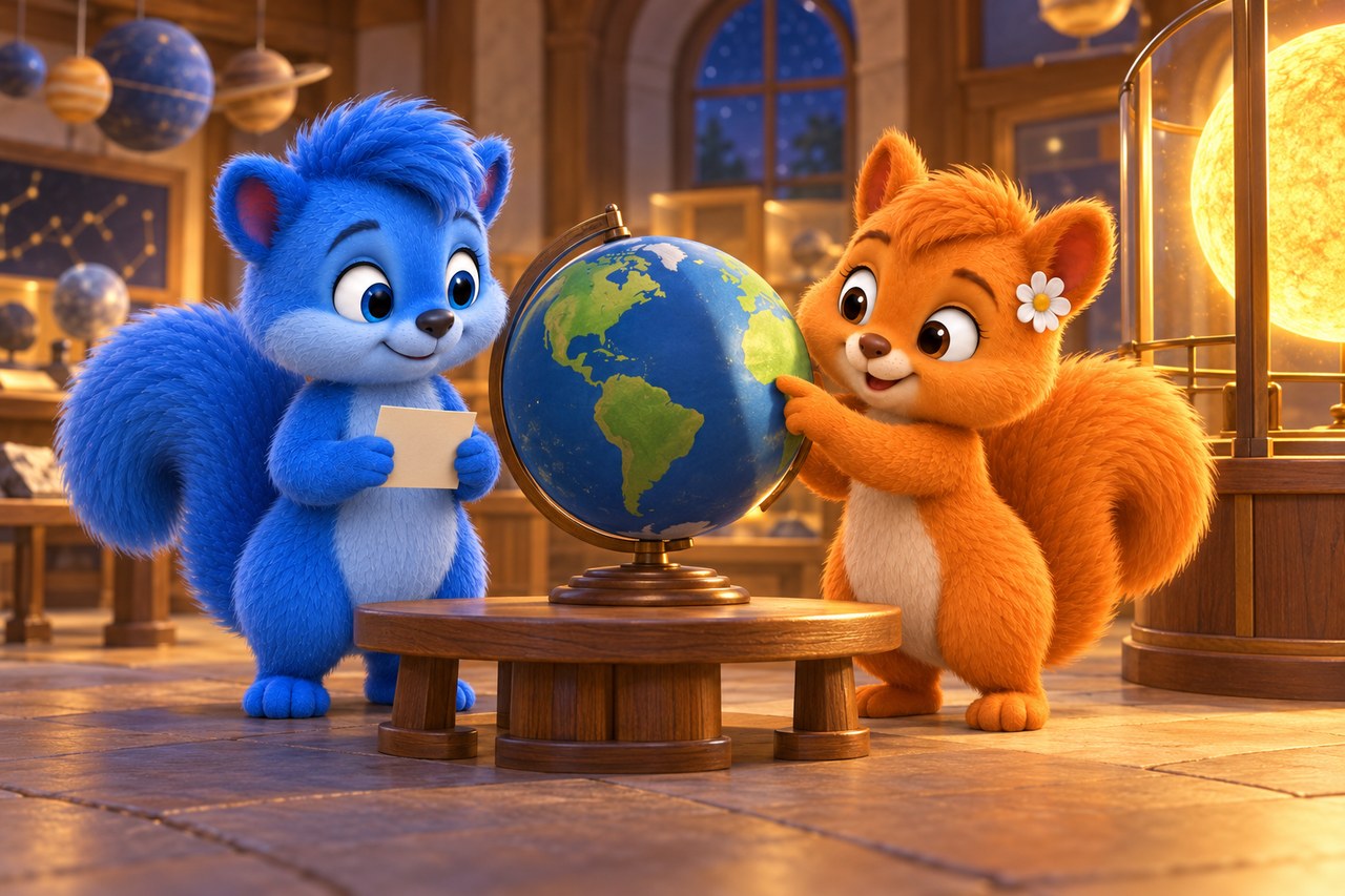 Puschel and Flauschi examine a globe beside a protected model Sun in an imagined discovery museum. The story illustration simplifies the scene; the labelled diagrams below explain the relationships.