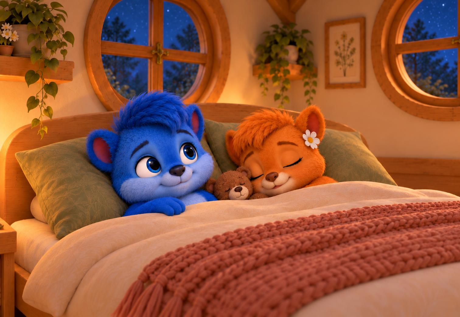 Puschel liegt wach im Bett. Neben ihm schlafen Flauschi und der kleine braune Stoffteddy.