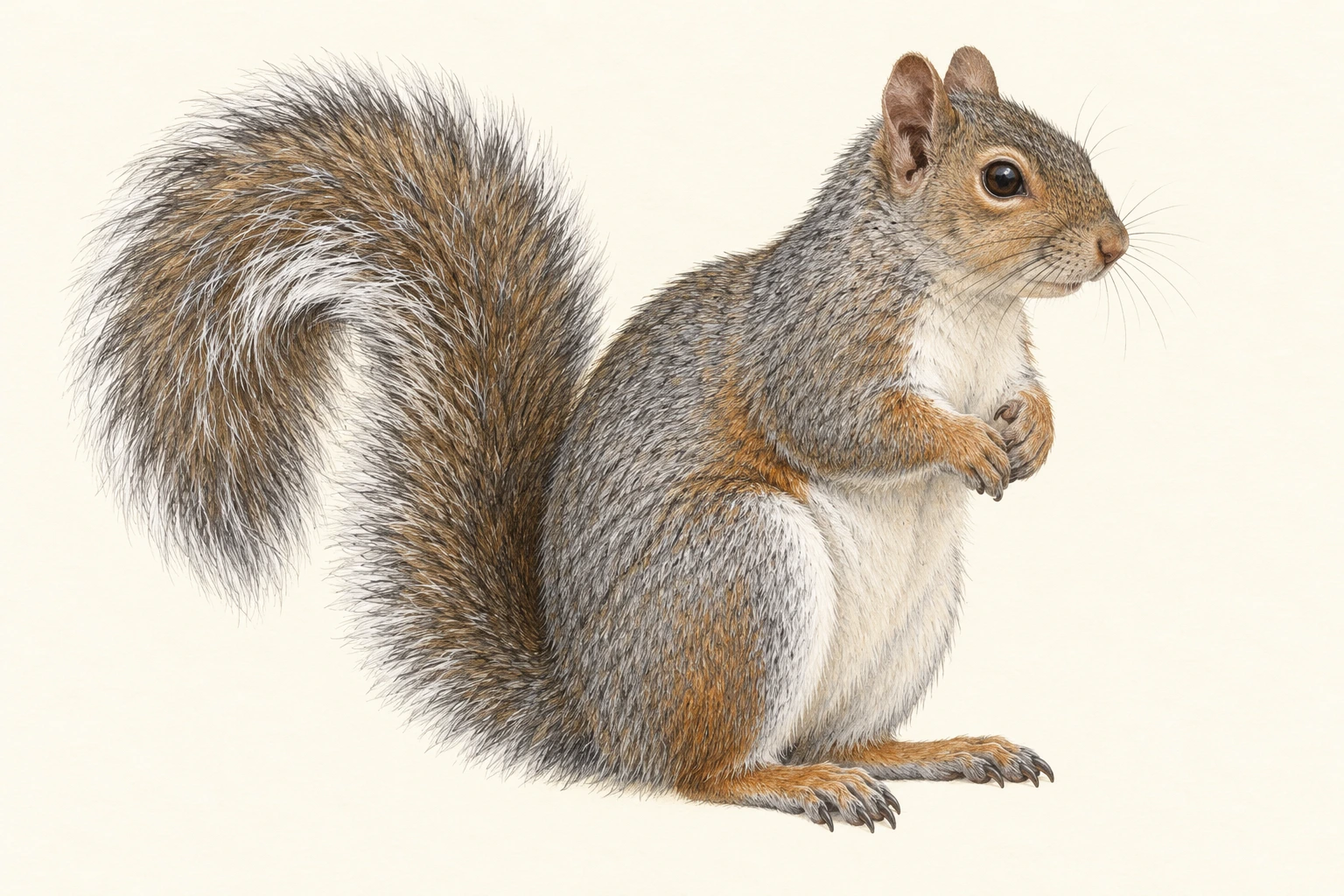 Naturzeichnung eines Grauhörnchens: graumeliertes Fell mit bräunlichen Partien, heller Bauch, runde Ohren ohne lange Pinsel und ein Schwanz mit hellem Außenrand.