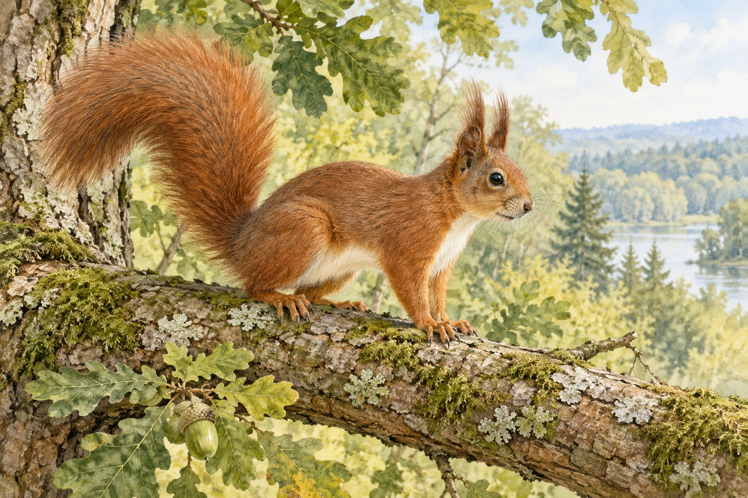 Naturgetreue gemalte Darstellung eines rotbraunen Eichhörnchens mit hellem Bauch und buschigem Schwanz auf einem Ast.