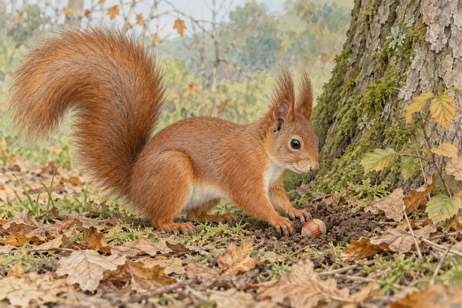 Naturgetreue gemalte Darstellung eines rotbraunen Eichhörnchens am Boden neben einer Haselnuss und einer flachen Stelle mit lockerer Erde.
